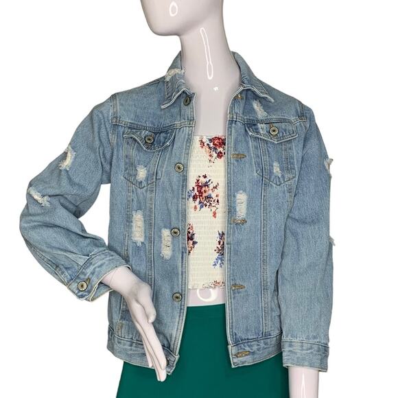 Denim Distressed Jacket Size S Light Blue Wash - Picture 1 of 8